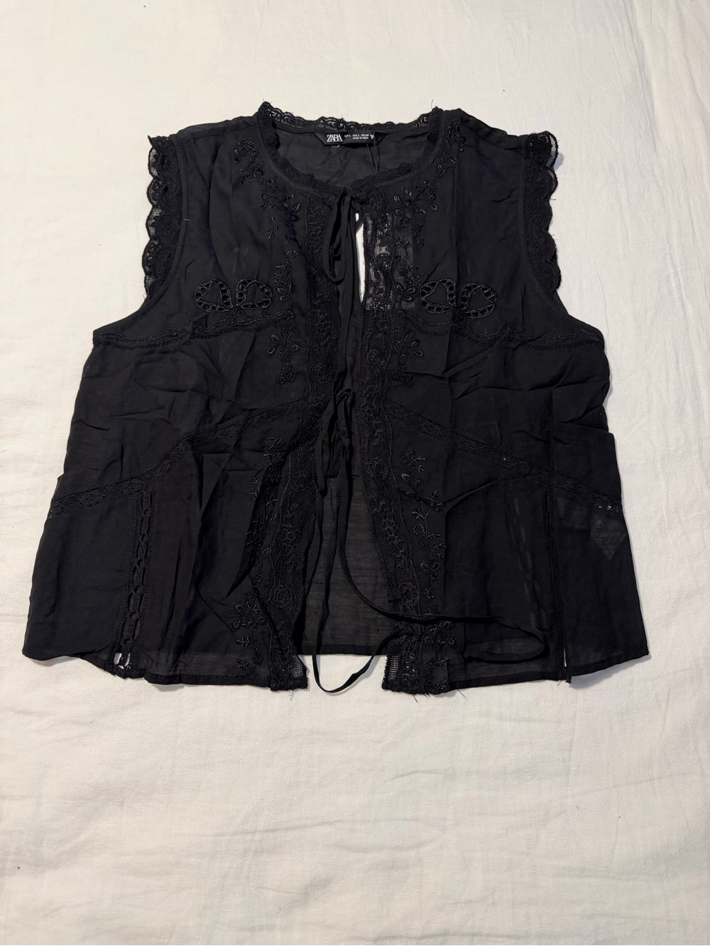 Zara Black Sleeveless Lace Tie-Front Vest Top